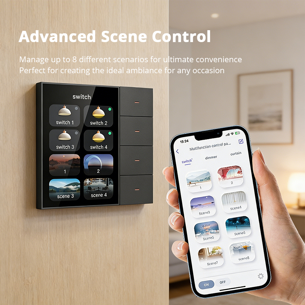 Zemismart 3.5 inch Zigbee Smart Panel Switch 4 Gang Wall Light Switch with Radar Sensor Dimming Switch Curtain Scene Switch