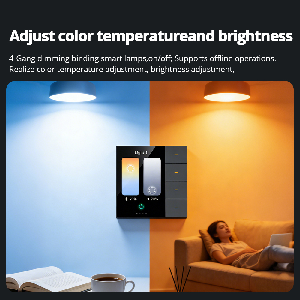 Zemismart 3.5 inch Zigbee Smart Panel Switch 4 Gang Wall Light Switch with Radar Sensor Dimming Switch Curtain Scene Switch