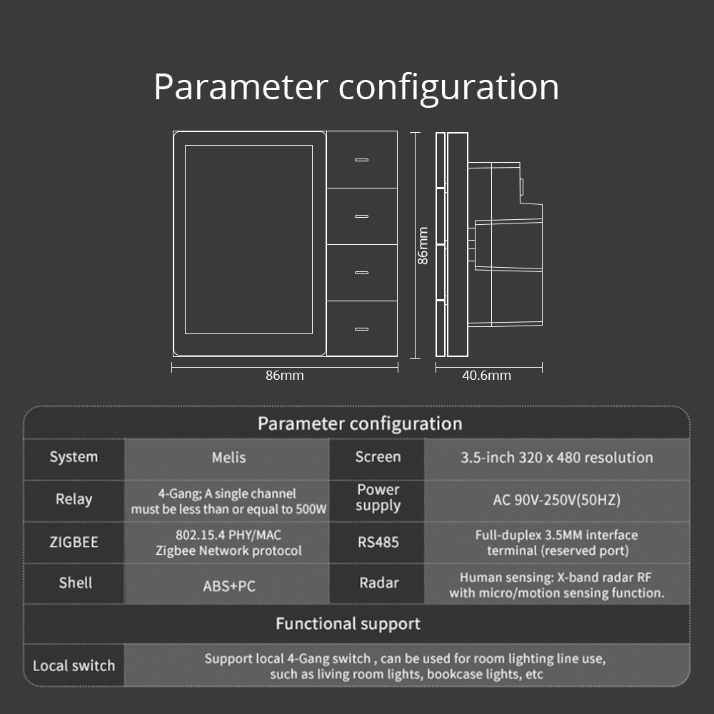 Zemismart 3.5 inch Zigbee Smart Panel Switch 4 Gang Wall Light Switch with Radar Sensor Dimming Switch Curtain Scene Switch