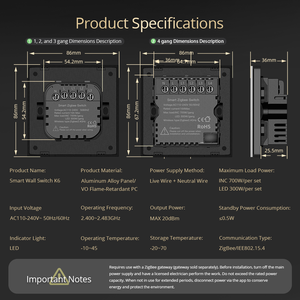 Zemismart Zigbee Neutral Smart Wall Switch Big Button Aluminum Alloy Panel work with Tuya App Voice Timer Control