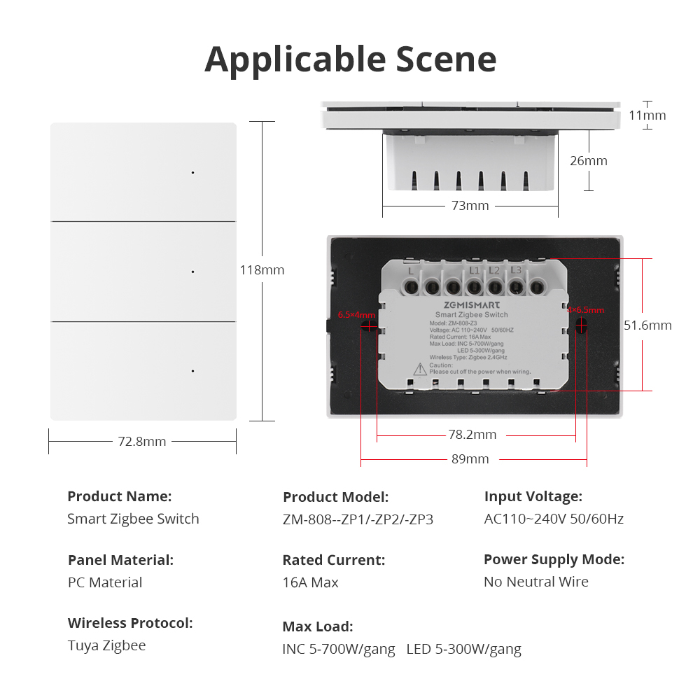 Zemismart Zigbee No Neutral Push Switch White Color with PC Material Smart Life App Timer Alexa Google Home Voice Control