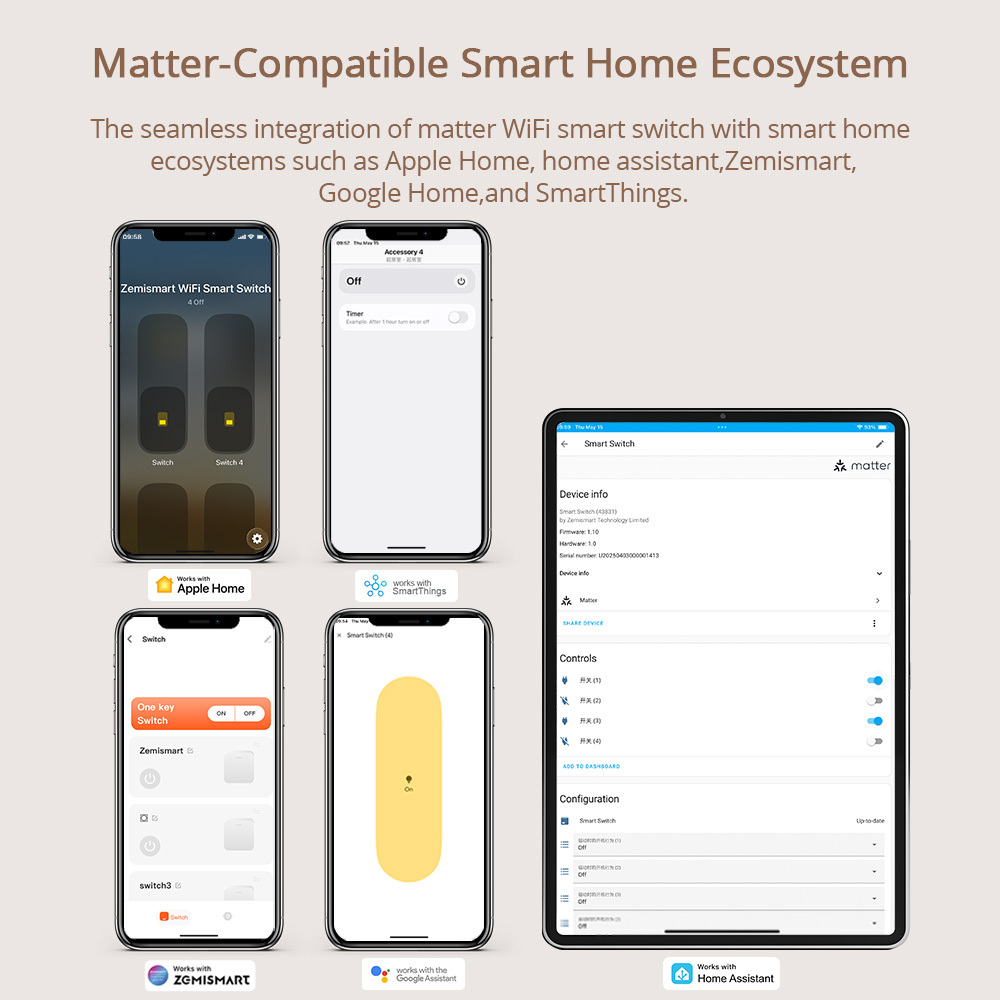 Zemismart Matter over Wifi Push Button DIY Name Switch Smart Display Screen Light US Switch Alexa Google Home HomeKit Siri Voice Control