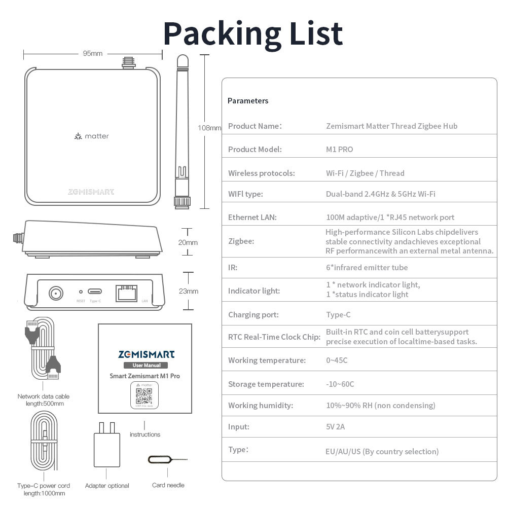 Zemismart Matter Thread Zigbee Hub Built in IR Matter Bridge Integrates with Home Google SmartThings Home Tuya Control M1 Pro