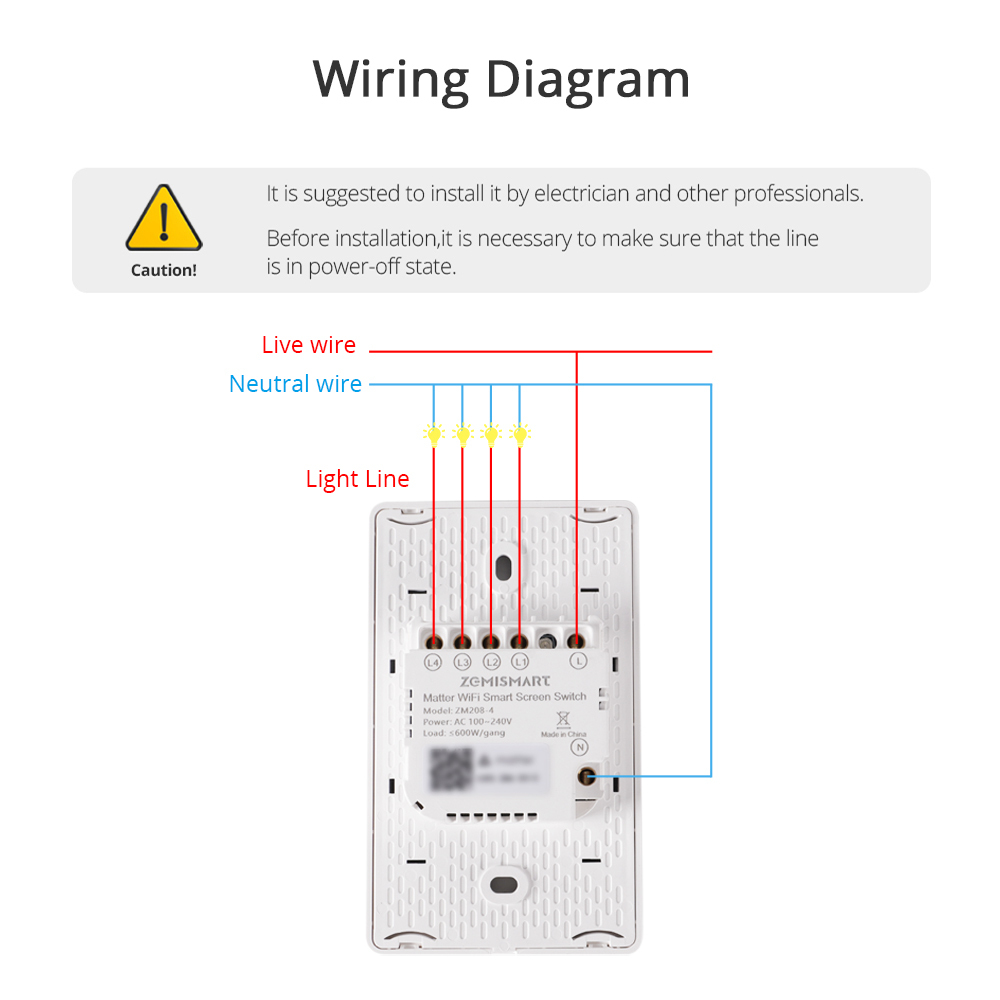 Zemismart Matter over Wifi US Switch DIY Name Horizontal Wall Switch Push Button 1 2 3 4 Gangs works with Alexa Google Home HomeKit Siri Voice Control