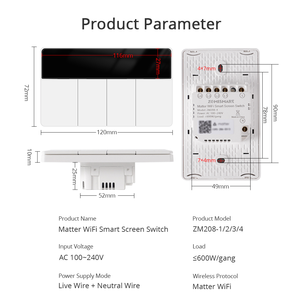 Zemismart Matter over Wifi US Switch DIY Name Horizontal Wall Switch Push Button 1 2 3 4 Gangs works with Alexa Google Home HomeKit Siri Voice Control