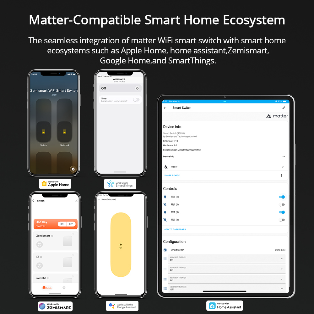 Zemismart Matter over Wifi US Switch DIY Name Horizontal Wall Switch Push Button 1 2 3 4 Gangs works with Alexa Google Home HomeKit Siri Voice Control