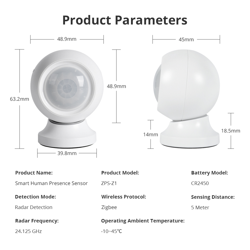 Zemismart Zigbee Human Presence Sensor Battery Version Sensor Smart Body Detector Home Security System works with Tuya