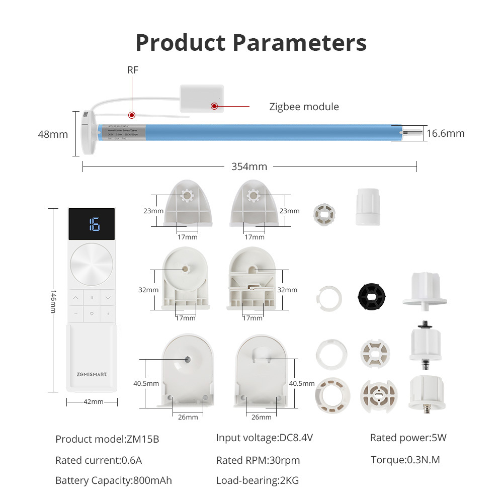 Zemismart Zigbee Rechargeable Roller Shade Blind Motor for 17mm 20mm 25mm 28mm Tube works with Tuya Alexa Google Assistant