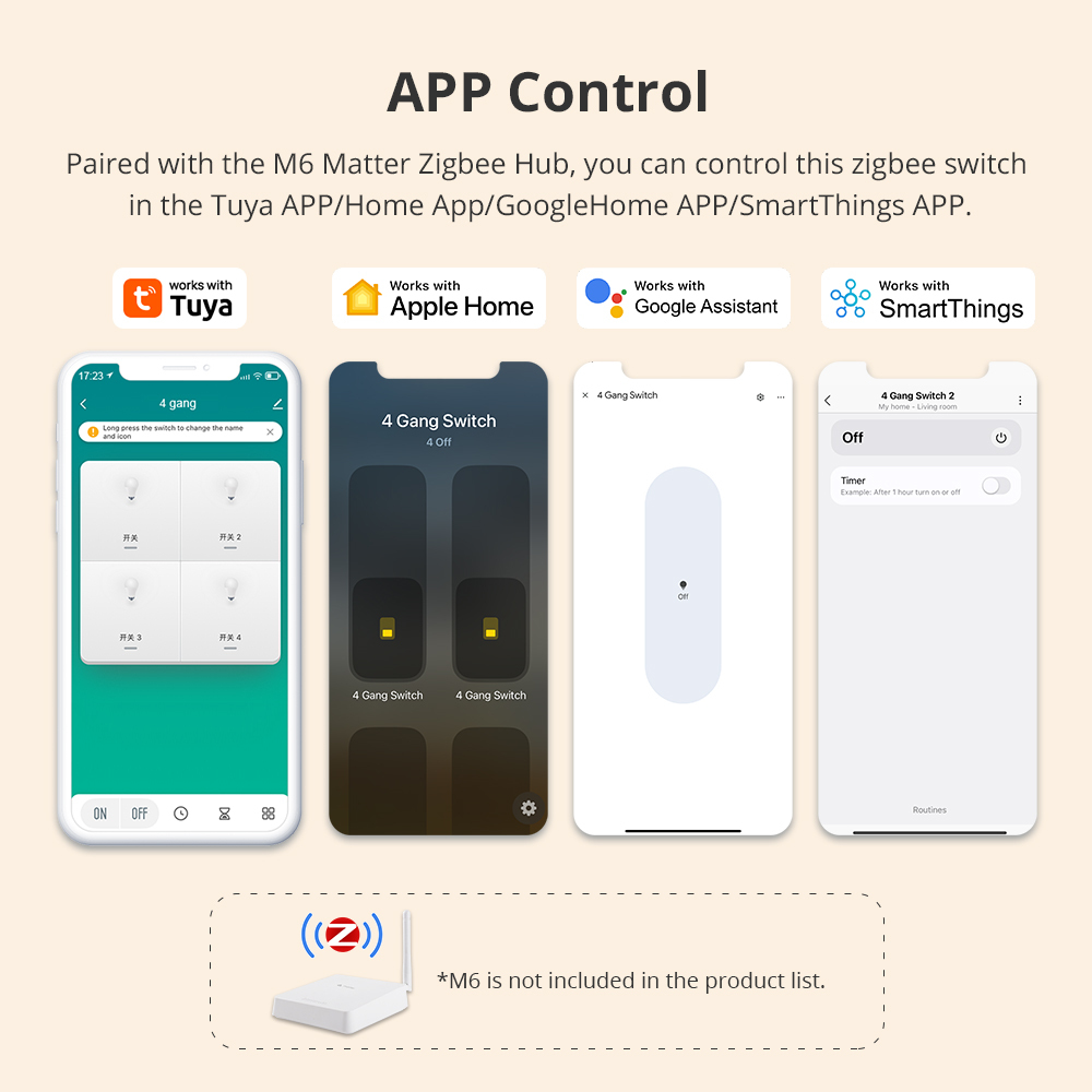 Zemismart Zigbee Neutral Switch White Color with PC Material 1 2 3 4 gangs works with Tuya HomeKit Google Home via M6 hub