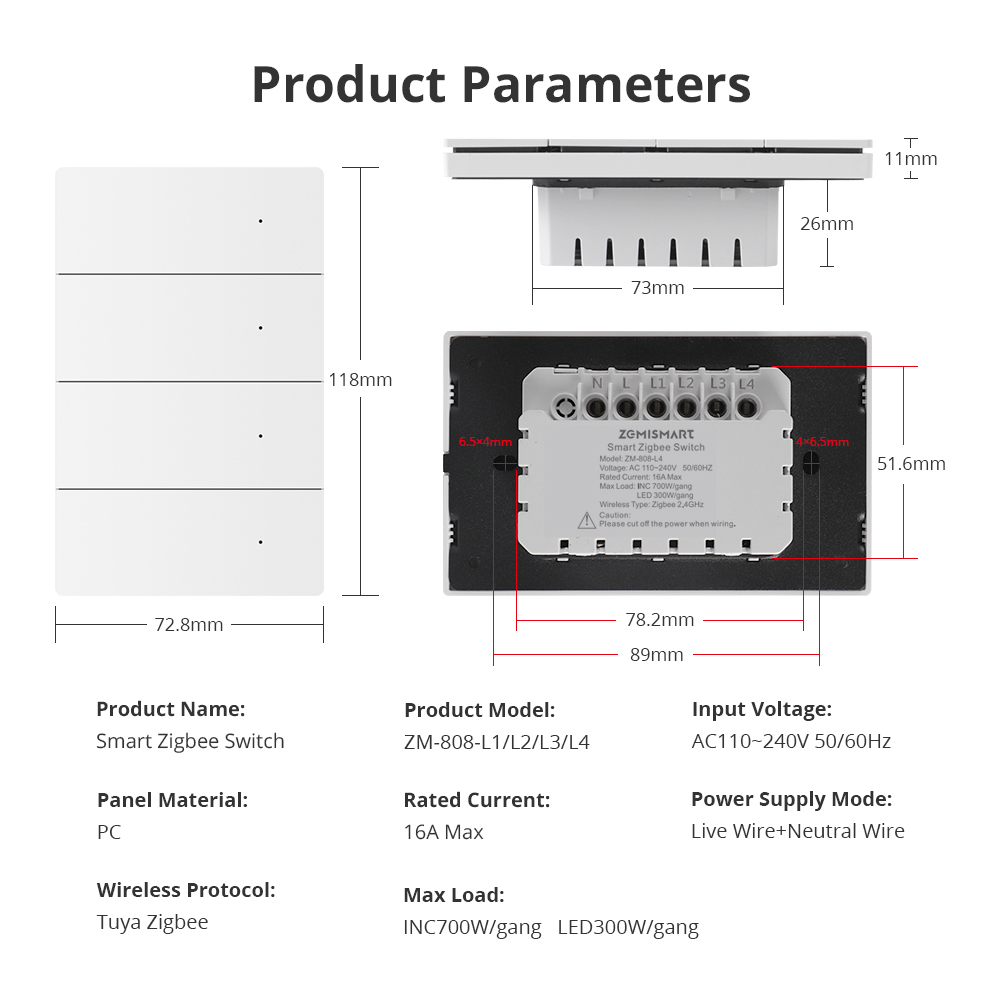 Zemismart Zigbee Neutral Switch White Color with PC Material 1 2 3 4 gangs works with Tuya HomeKit Google Home via M6 hub