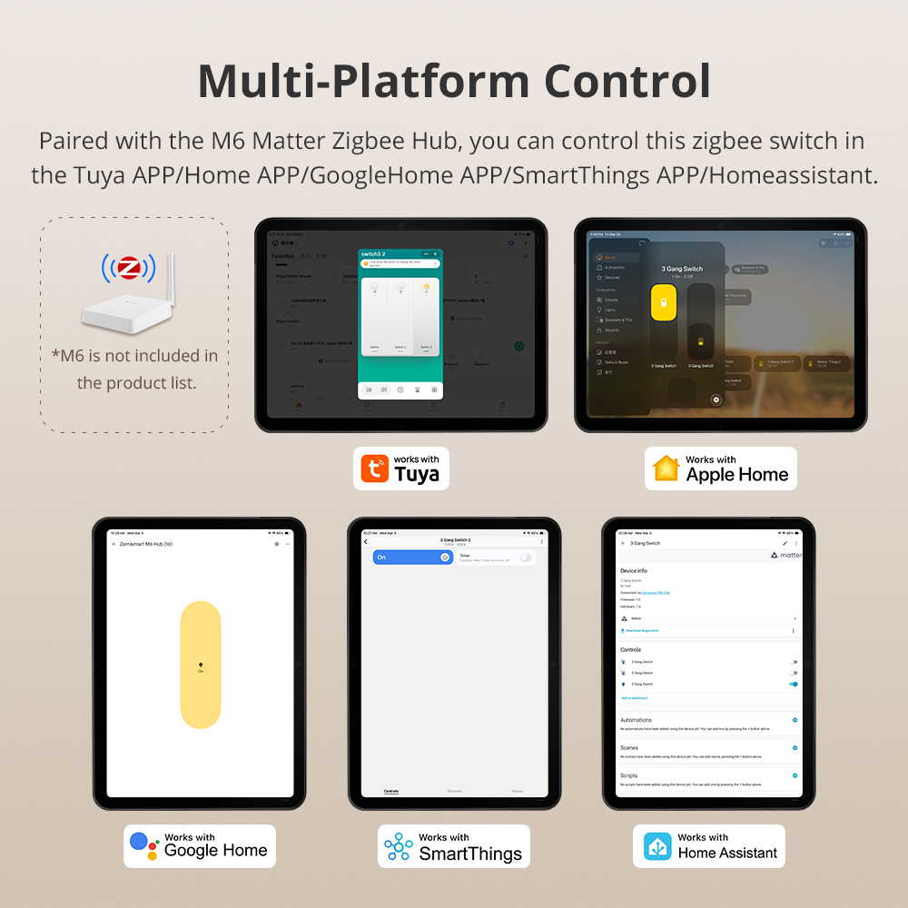 Zemismart Smart 6 Gang Light Switch Neutral Required works with Tuya Plastic Material Big Button APP Voice Timer Control