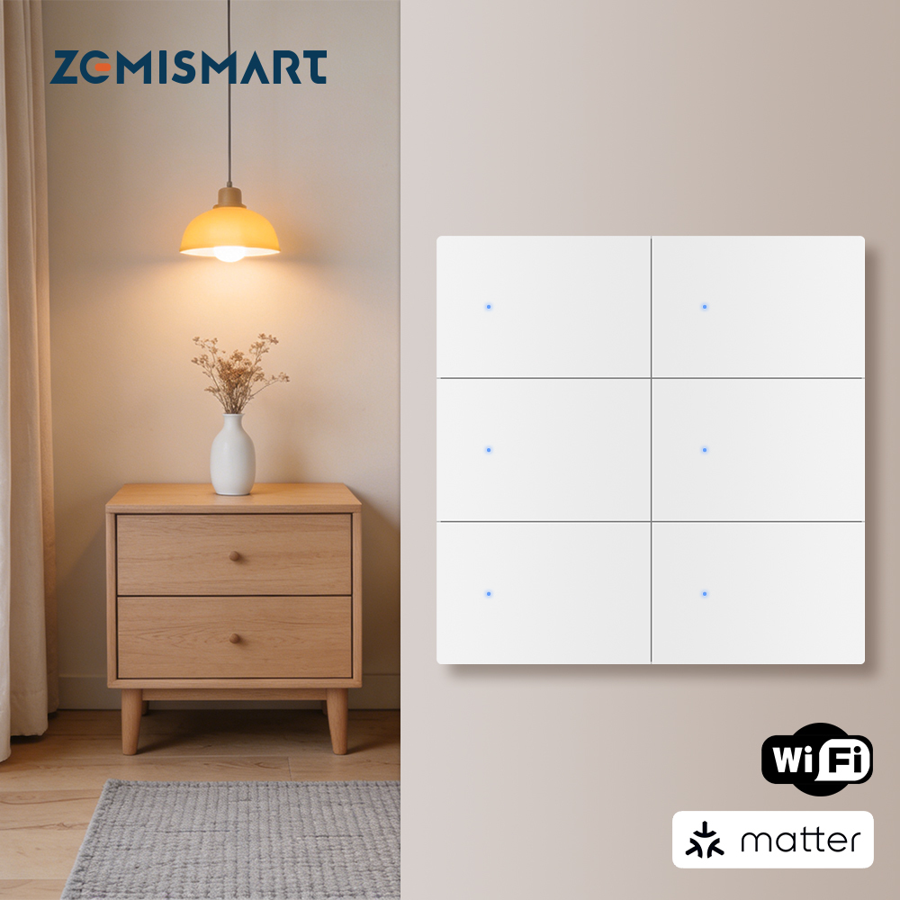 Zemismart Matter over Wifi 6 Gang Big Button Switch with Aluminum alloy material works with HomeKit Google Home SamrtThings Voice App Control