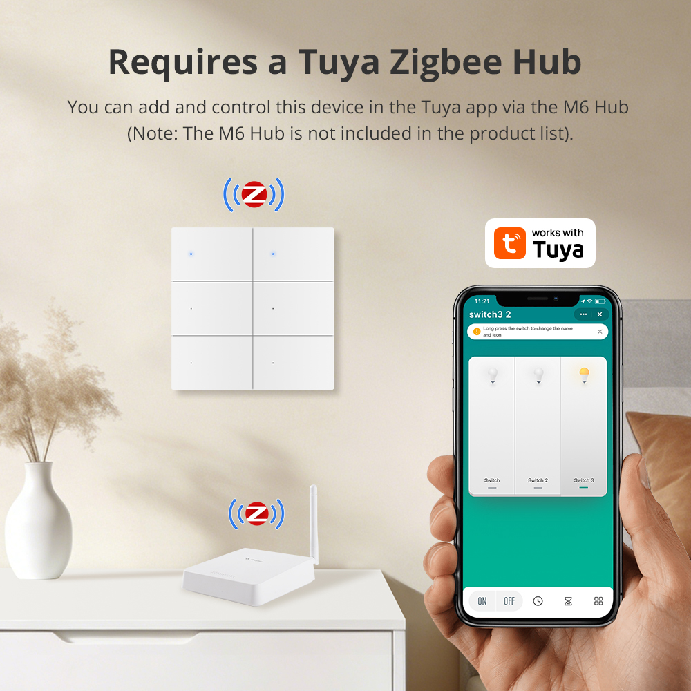 Zemismart Smart 6 Gang Light Switch Neutral Required works with Tuya Plastic Material Big Button APP Voice Timer Control