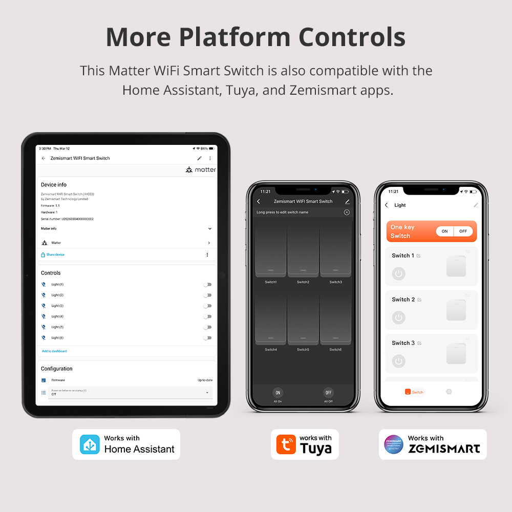 Zemismart Matter over Wifi 6 Gang Big Button Switch with Aluminum alloy material works with HomeKit Google Home SamrtThings Voice App Control