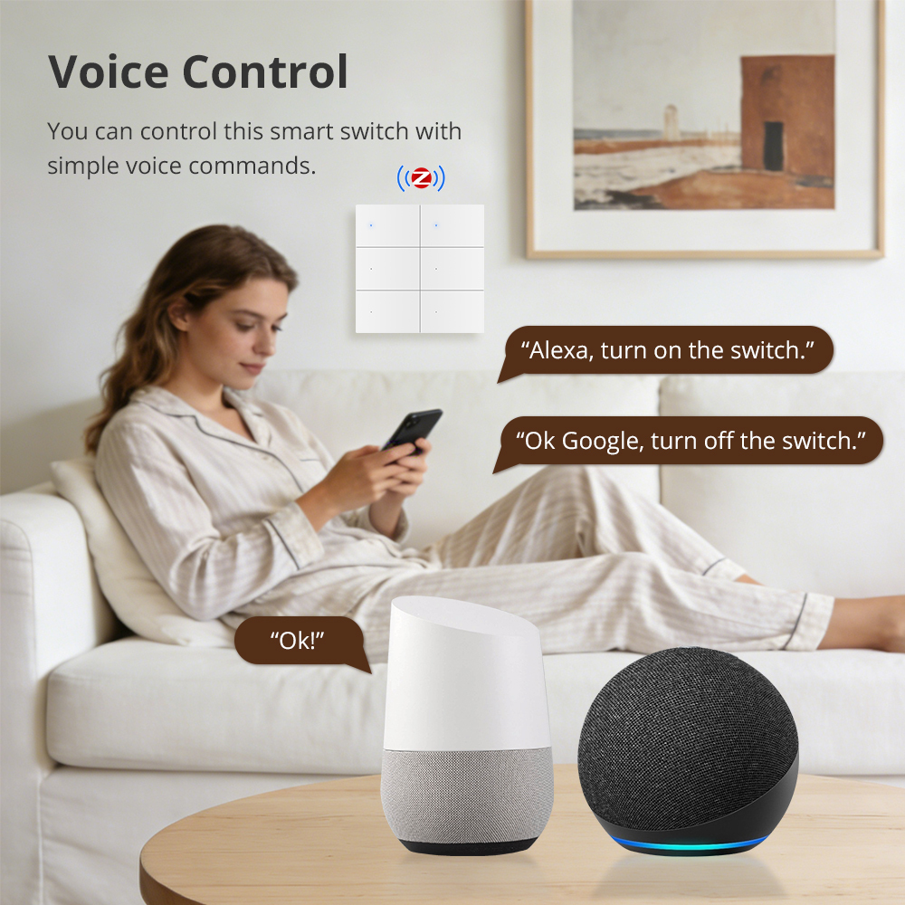 Zemismart Smart 6 Gang Light Switch Neutral Required works with Tuya Plastic Material Big Button APP Voice Timer Control