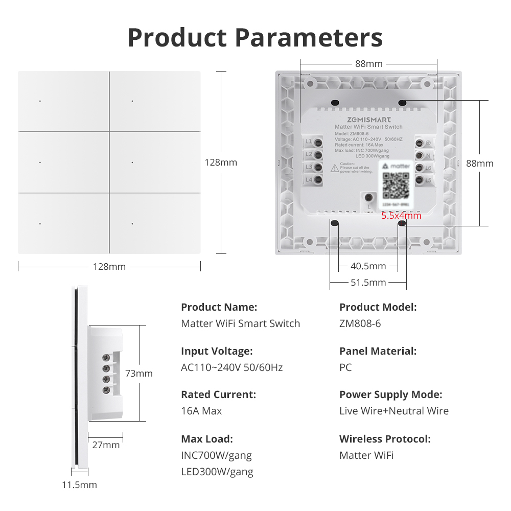 Zemismart Matter over Wifi 6 Gang Big Button Switch with Aluminum alloy material works with HomeKit Google Home SamrtThings Voice App Control