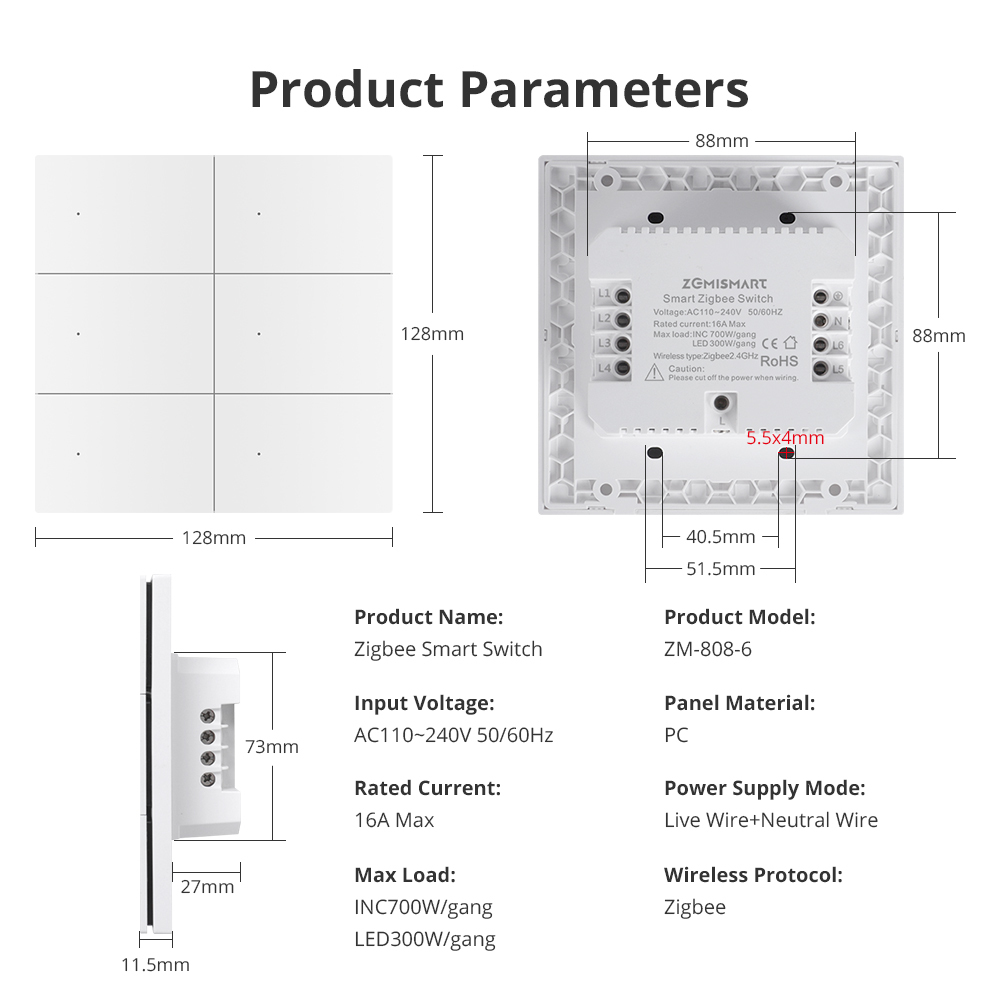 Zemismart Smart 6 Gang Light Switch Neutral Required works with Tuya Plastic Material Big Button APP Voice Timer Control