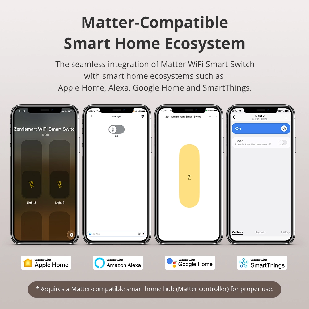 Zemismart Matter over Wifi 6 Gang Big Button Neutral Required Light Switch with Plastic Material works with HomeKit Google Home SmartThings Voice App Control