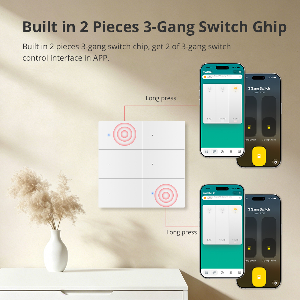Zemismart Matter over Wifi 6 Gang Big Button Neutral Required Light Switch with Plastic Material works with HomeKit Google Home SmartThings Voice App Control