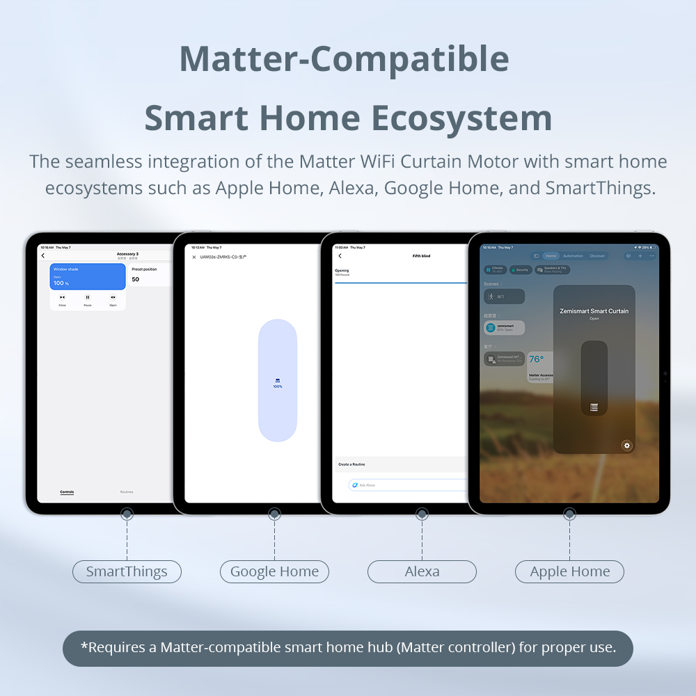 Zemismart Matter over Wifi Smart Slide Curtain Motor works with MiJia Google Home Smartthings Home App Remote Control Automatic Curtain System