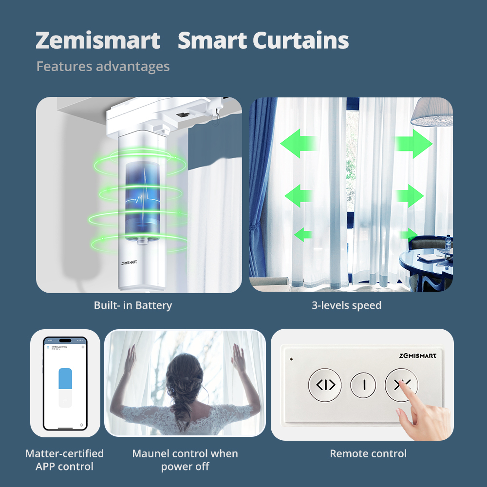 Zemismart Matter Over Thread Slide Curtain Smart HomeKit SmartThings Google Home APP Control by Siri Voice Control