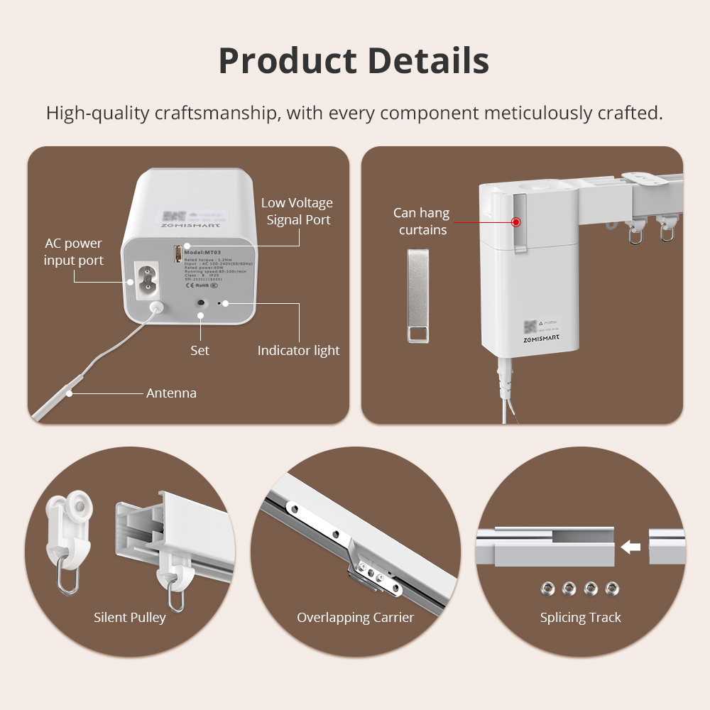 Zemismart Matter Over Thread Slide Curtain Smart HomeKit SmartThings Google Home APP Control by Siri Voice Control