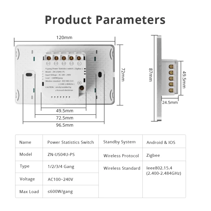 Zigbee Neutral Switch, Touch Button 1/2/3/4 Gang Works with Tuya HomeKit Alexa Google Home Siri | Zemismart ZN2S-US04U