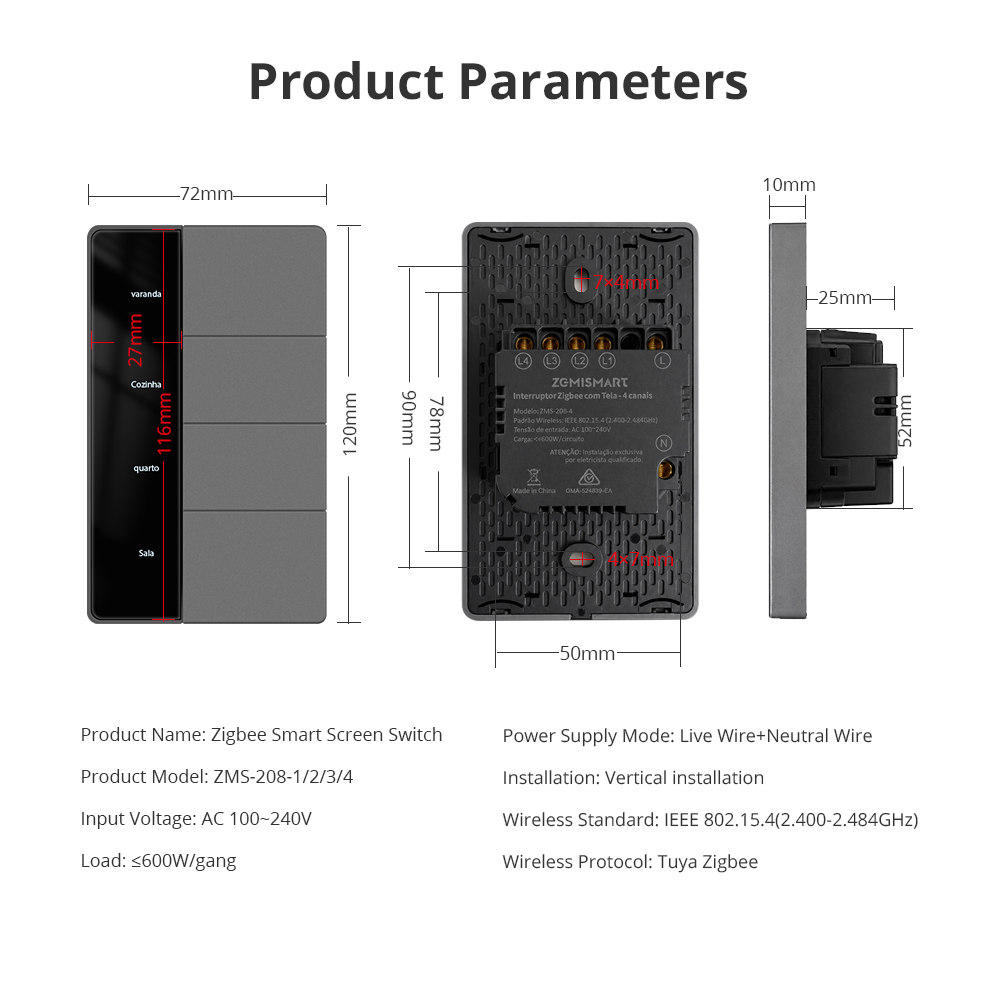 Zigbee Neutral Switch, Push Button Switches With Display Panel, Custom Name on Tuya Homey HA Smartthing APP, Hub Required | Zemismart