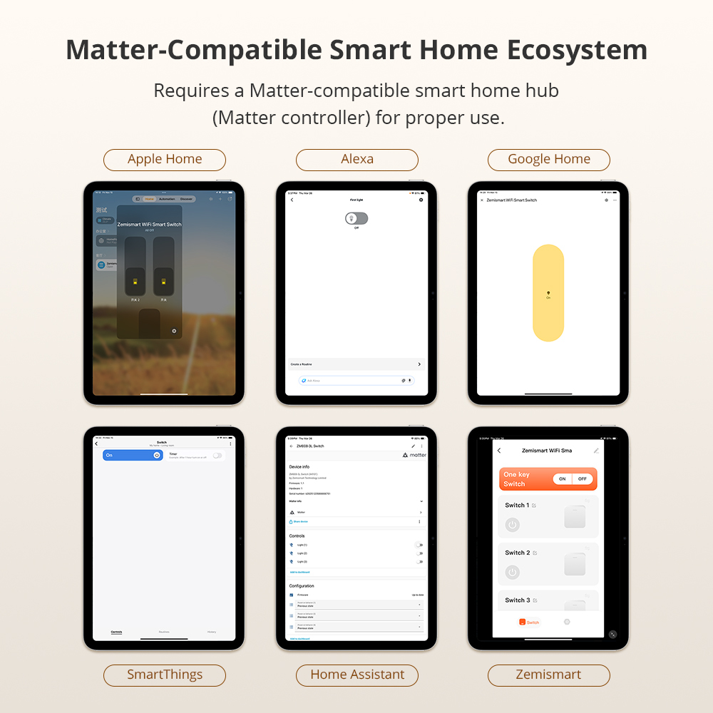 Matter WiFi Neutral Switch, PC Push Button Smart Switches 1/2/3/4 Gangs, Work with HomeKit Google Home SmartThings, Ship From CN Brazil | Zemismart