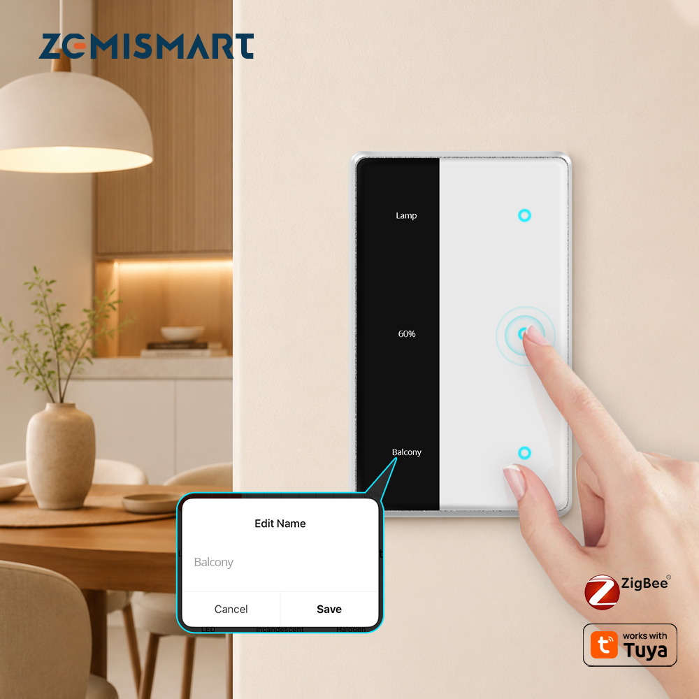 Zigbee Neutral Switch, Smart Dimmer Switches With Display Screen, Custom Name on Tuya Homey HA Smartthing APP, Hub Required | Zemismart