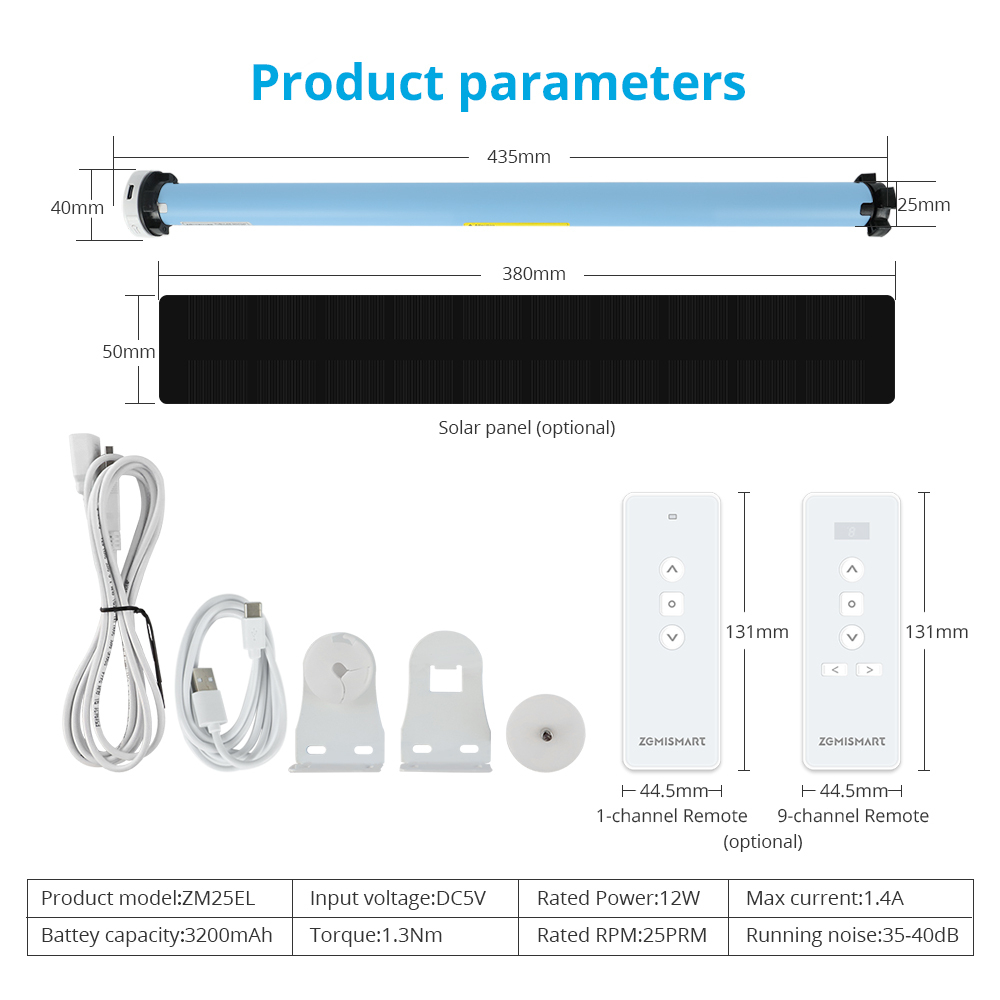 Zigbee 1.3N Rechargeable Roller Shade Motor, 37/38mm Tube with Solar Panel Option Works with SmartThings Alexa Google Home | Zemismart ZM25EL