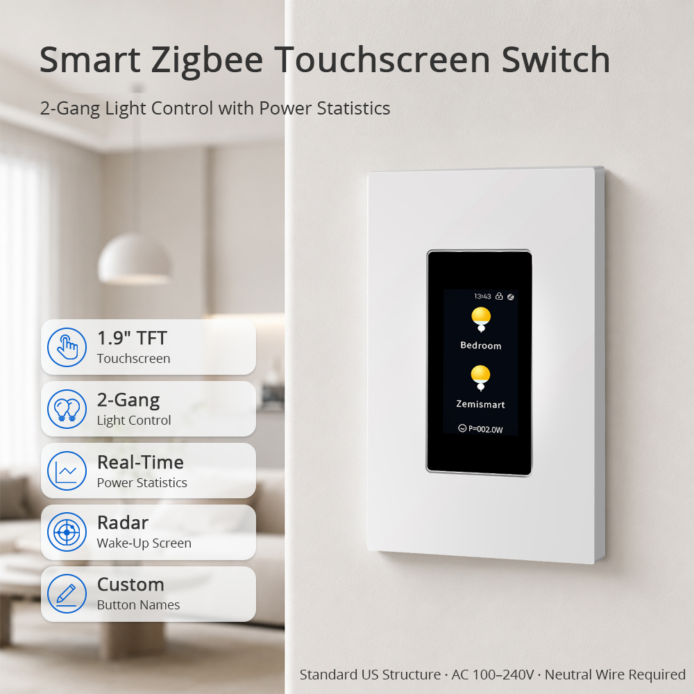 Zigbee Neutral Touchscreen Switch, 2-Gang Light Control with Power Statistics Radar Wake-Up | Zemismart ZMZ609-2