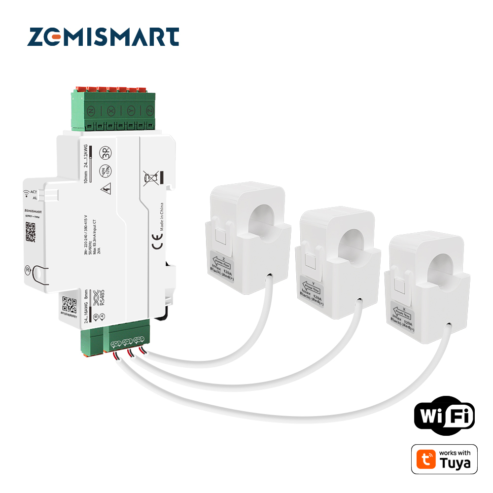 Zemismart Wifi 3 Phase Smart Energy Meter Max 120A with 3 clamps works with Tuya measuring Alarm function Monitor 110v-240v