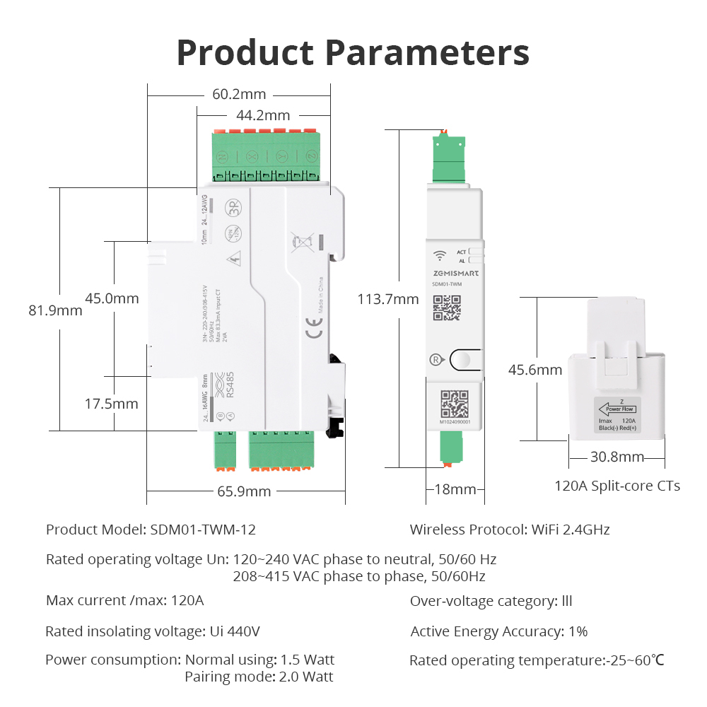 Zemismart Wifi 3 Phase Smart Energy Meter Max 120A with 3 clamps works with Tuya measuring Alarm function Monitor 110v-240v