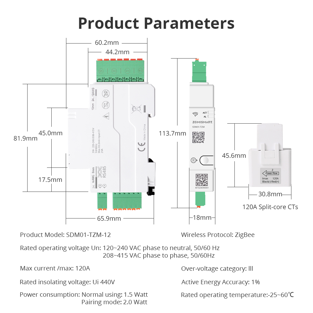 Zigbee 3 Phase Smart Energy Meter, Max 120A CT Clamp Power Monitor with Alarm Function 110V-240V | Zemismart SDM01-TZ0-12-ZM