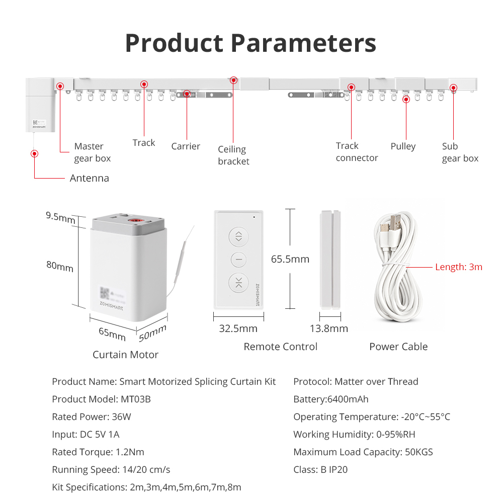 Matter Thread Battery Curtain Motorized Track Kit, 6400mAh No-Wiring Splicing Track with Remote, Apple Home Alexa Google SmartThings | Zemismart MT03B