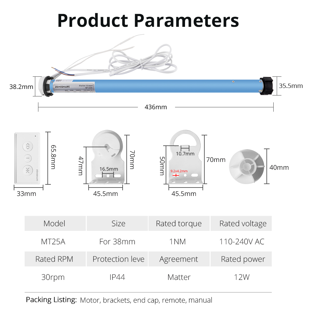 Matter over Thread Roller Shade Motor, 38mm Tube AC110-240V with Schedule Voice Control | Zemismart MT25A