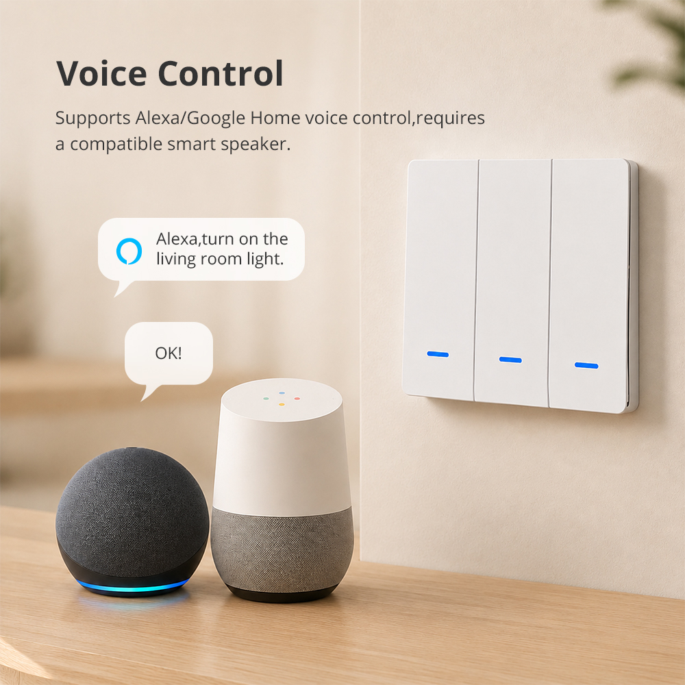Zigbee Neutral Optional Light Switch, Push Button 1/2/3 Gang Relay with Smart Life Alexa Google Home Voice Control | Zemismart ZL2-LLN1E