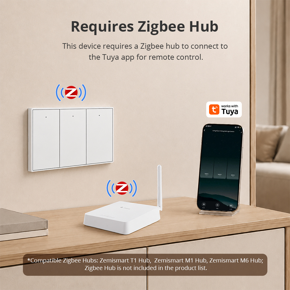 Zigbee No Neutral Light Switch, Push Button Relay Works with Alexa Google Home Tuya | Zemismart