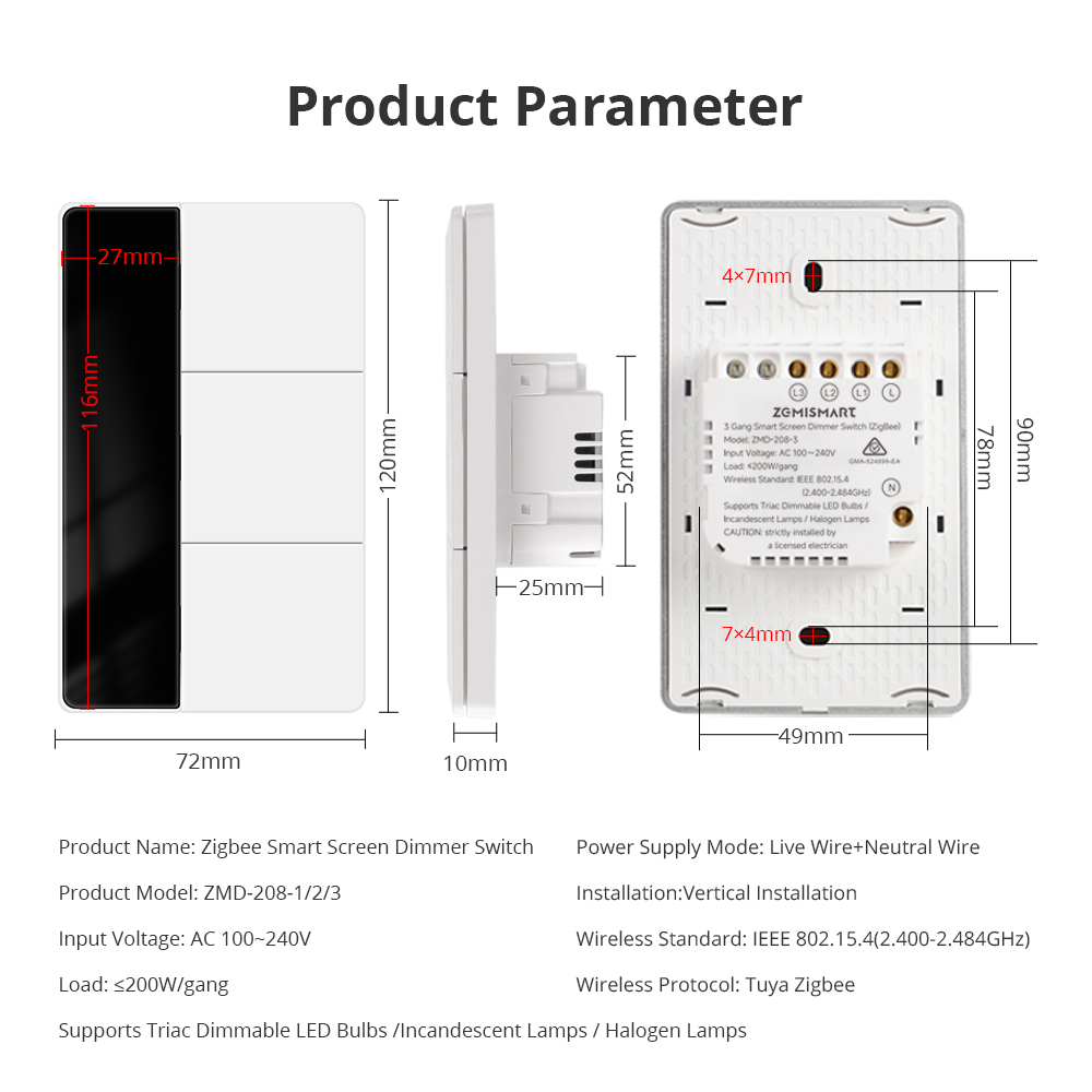 Zigbee Smart Screen Dimmer Switch, Vertical Type DIY Name Display with 1%-100% Brightness Control | Zemismart ZMD-208US