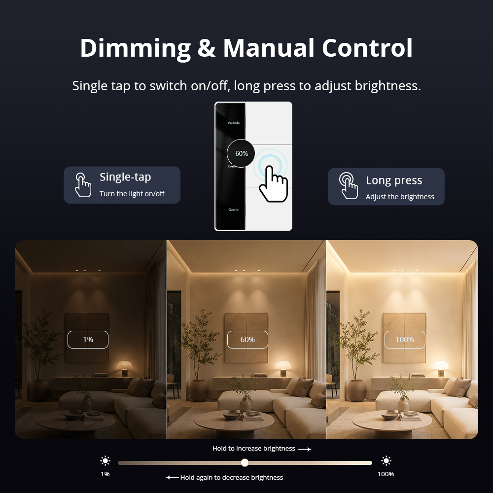 Zigbee Smart Screen Dimmer Switch, Vertical Type DIY Name Display with 1%-100% Brightness Control | Zemismart ZMD-208US