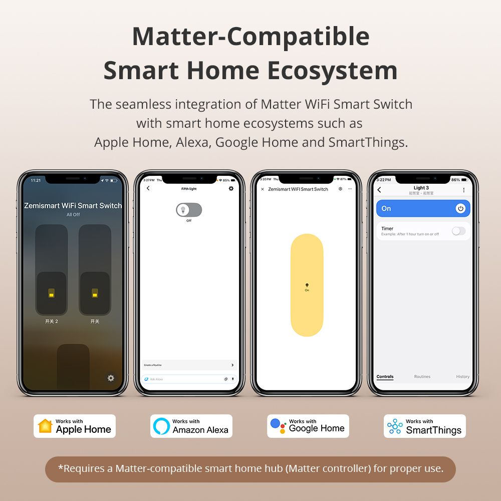 Matter WiFi Neutral Switch, Aluminum Push Button Smart Switches White 1/2/3/4 Gangs, Work with HomeKit Google Home SmartThings | Zemismart