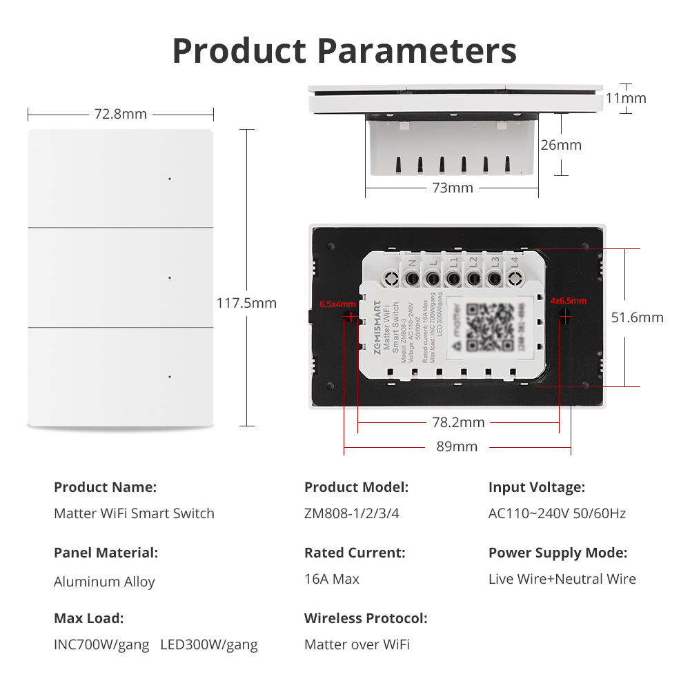 Matter WiFi Neutral Switch, Aluminum Push Button Smart Switches White 1/2/3/4 Gangs, Work with HomeKit Google Home SmartThings | Zemismart