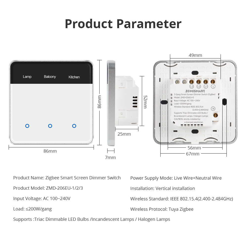 Zigbee Neutral Screen Dimmer Switch, Vertical DIY Name Display Brightness Control, Motion Wake Screen | Zemismart ZMD-206EU