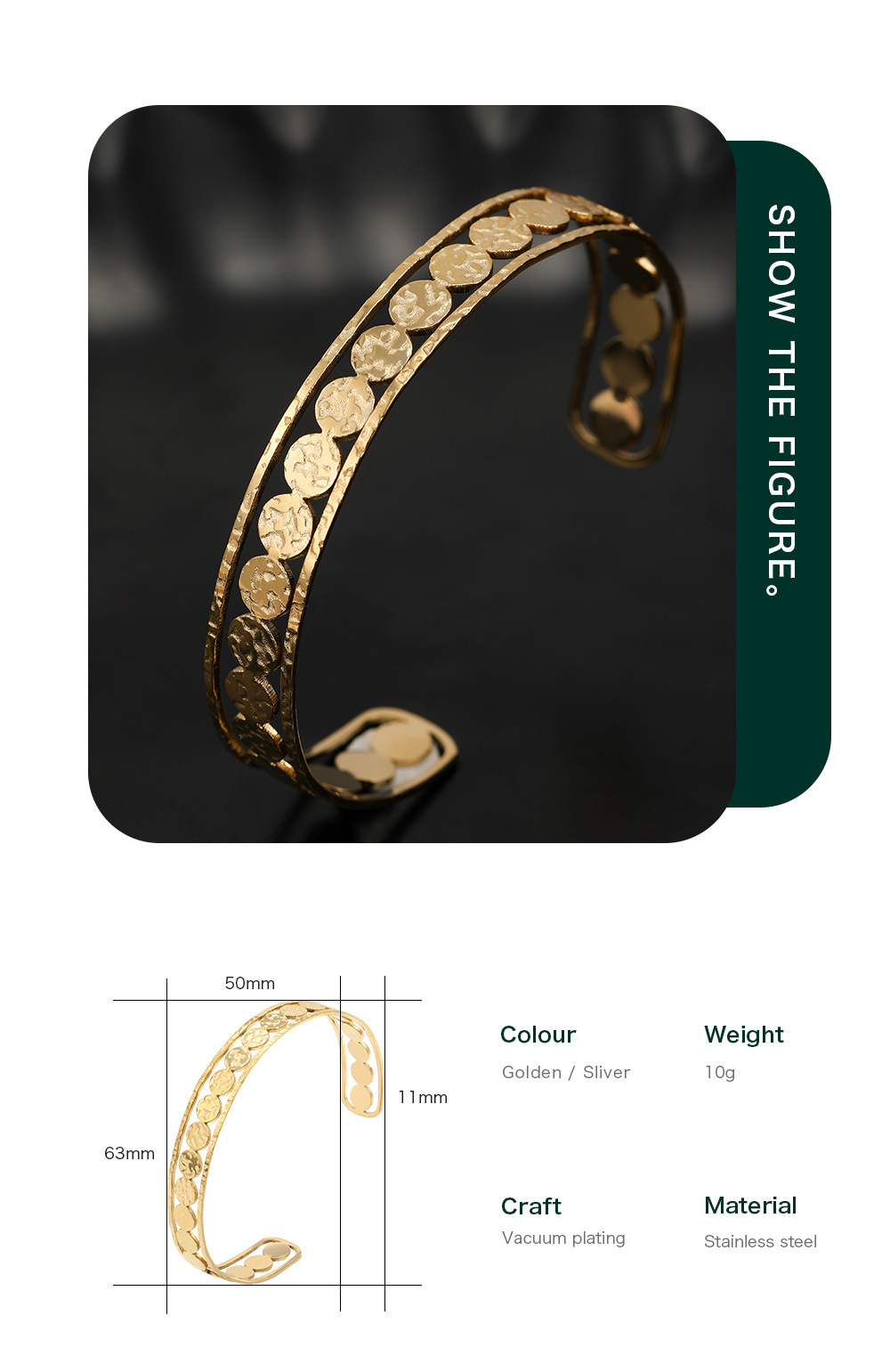 Vacuum Plating Real Gold Plated C Shape 304 Stainless Steel Fashion Waterproof Non Tarnish Bangle