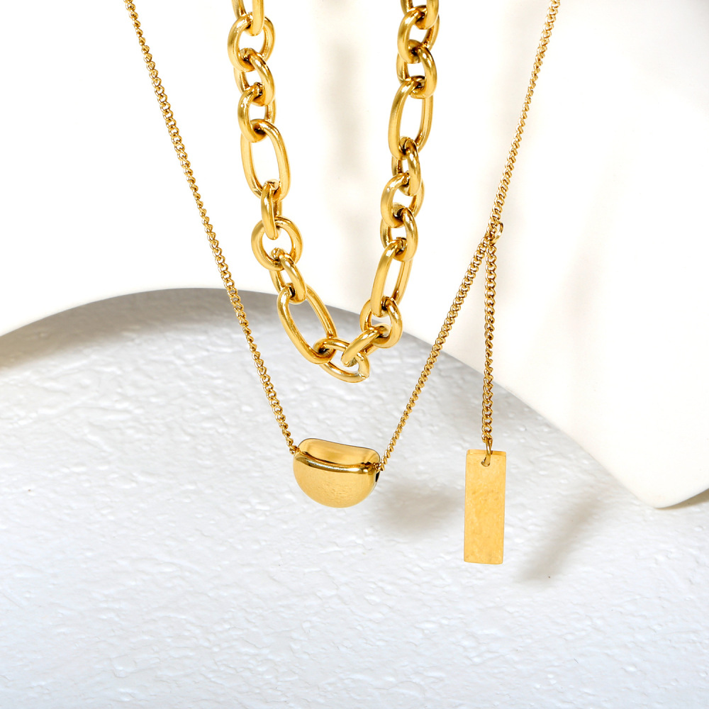 Double Chain Necklace For Women Stainless Steel Bean Shape Versatile 18K Gold Plated Geometric Pattern Ins Style Jewelry Accessories