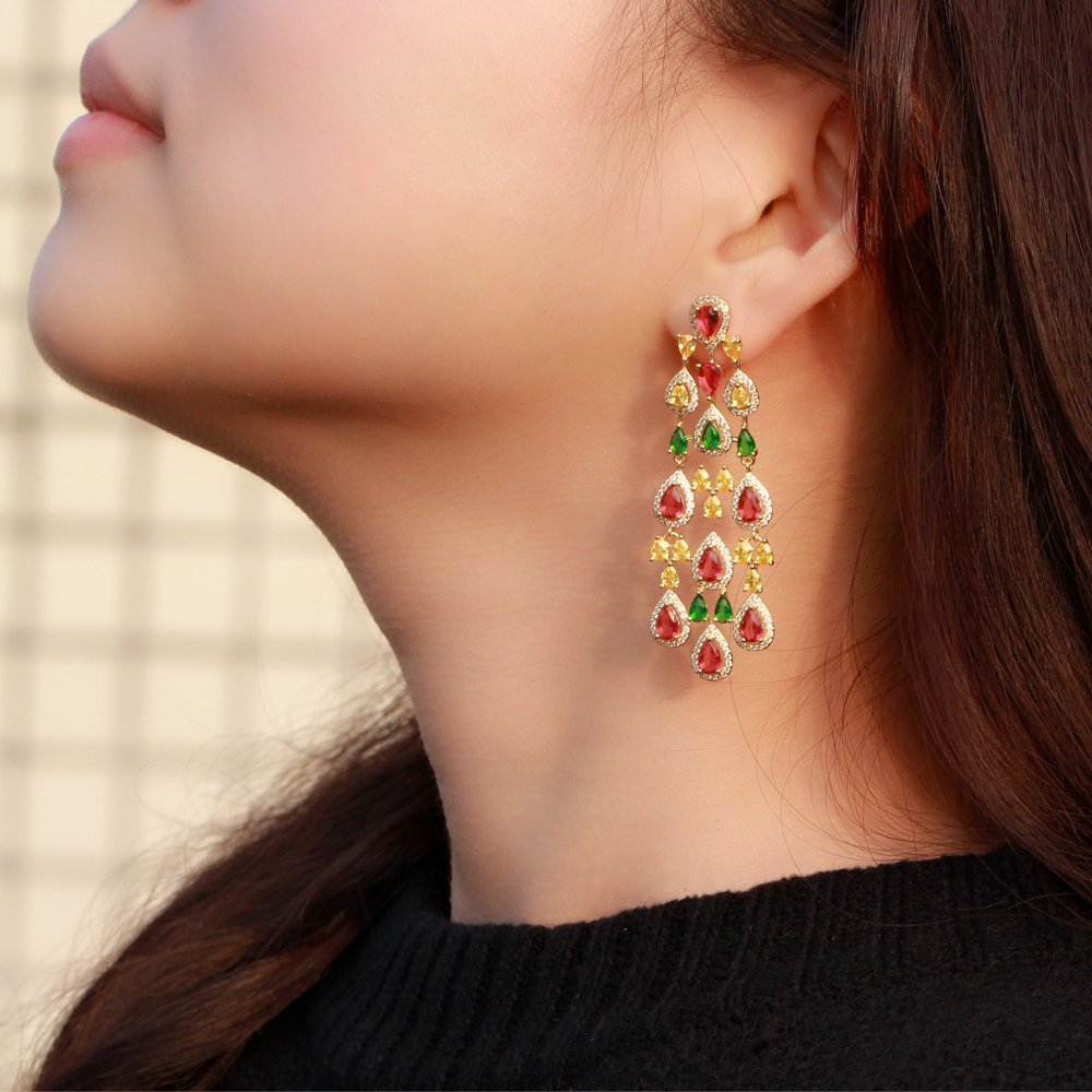 1 Pair Copper Style Earrings S925 Silver Needle Micro Inlaid Cubic Zirconia Stone Earrings Colorful Long Tassel Earrings  Fashion Show Banquet Dress Accessories Suitable For Women To Wear On Dates Or Banquets