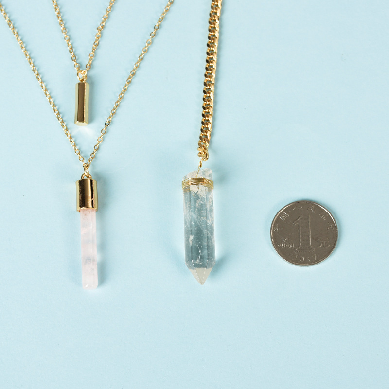 Natural Crystal Cylinder Pendant Necklace Wire Wrapped European And American Pink White Special Irregular Geometric Pattern Gemstone Accessories Alloy Wholesale