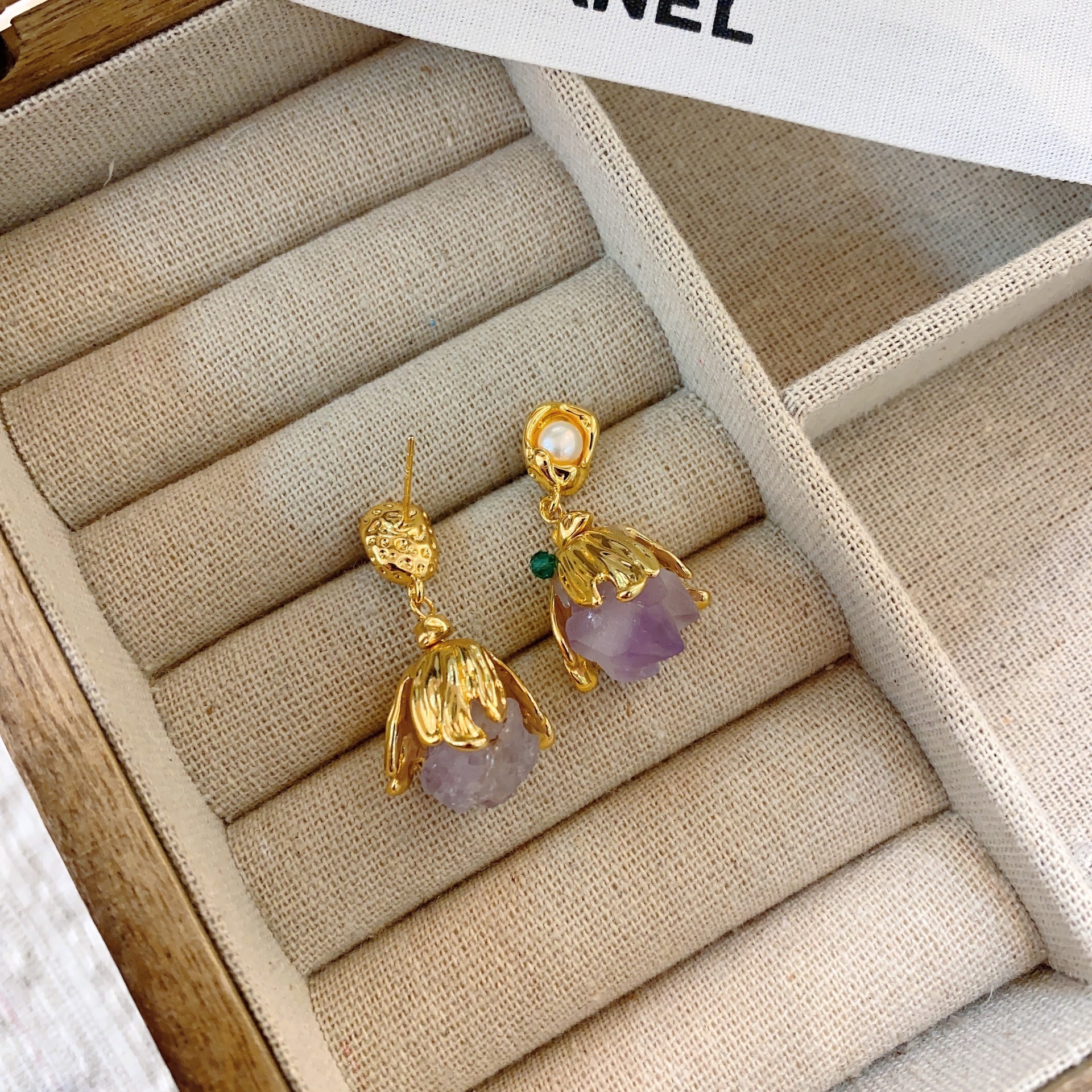 Retro Purple Crystal Stone Earrings Bohemian Style Floral Print Vintage Feelings Women's Jewelry Accessories Ear Cares