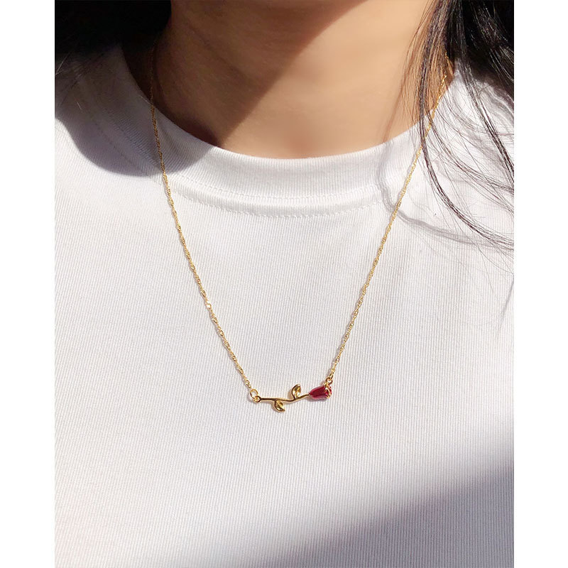 Wholesale Jewelry IG Style Romantic Sweet Rose Brass 24K Gold Plated Enamel Three-dimensional Necklace
